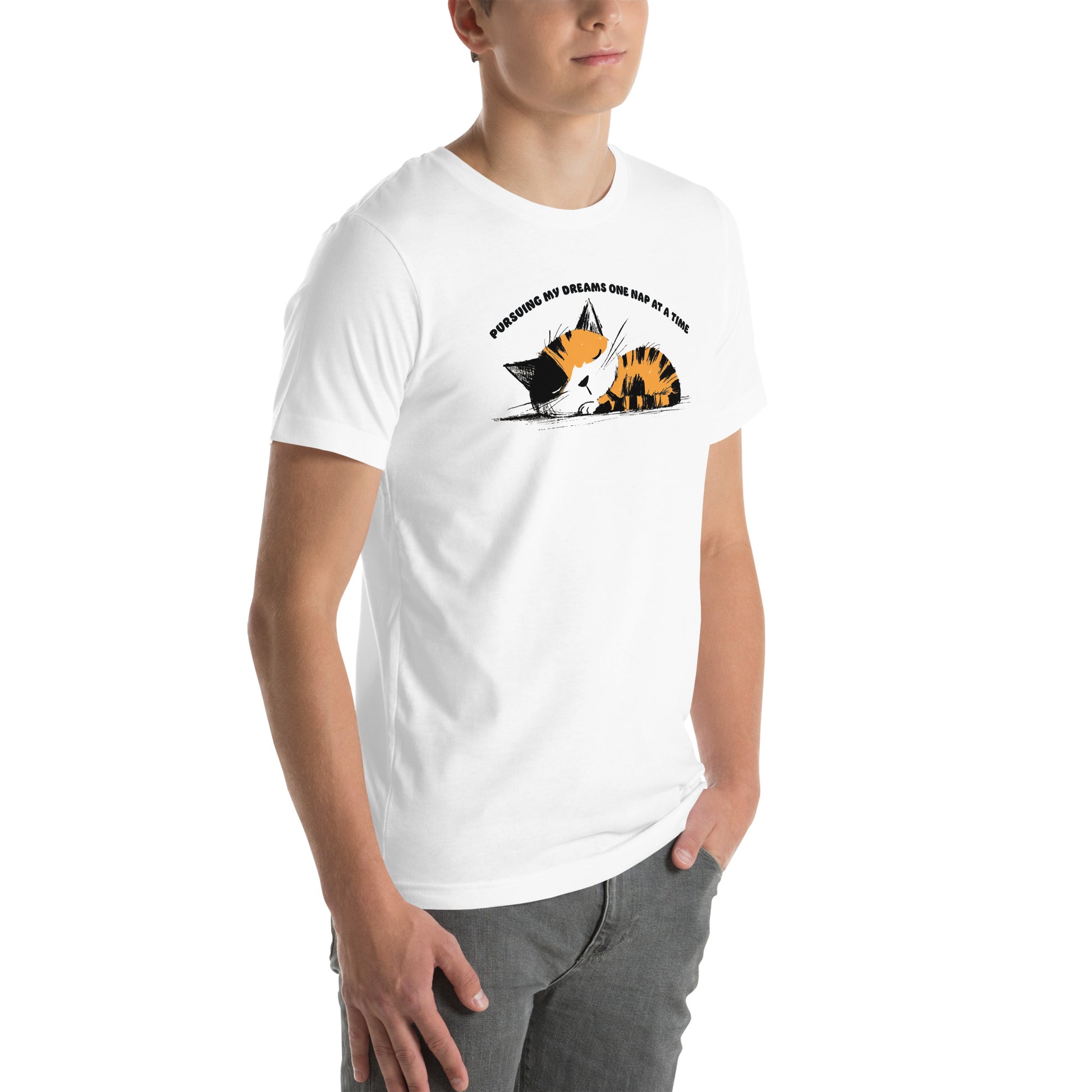 Right front view of white t-shirt with sleeping orange cat graphic and nap quote