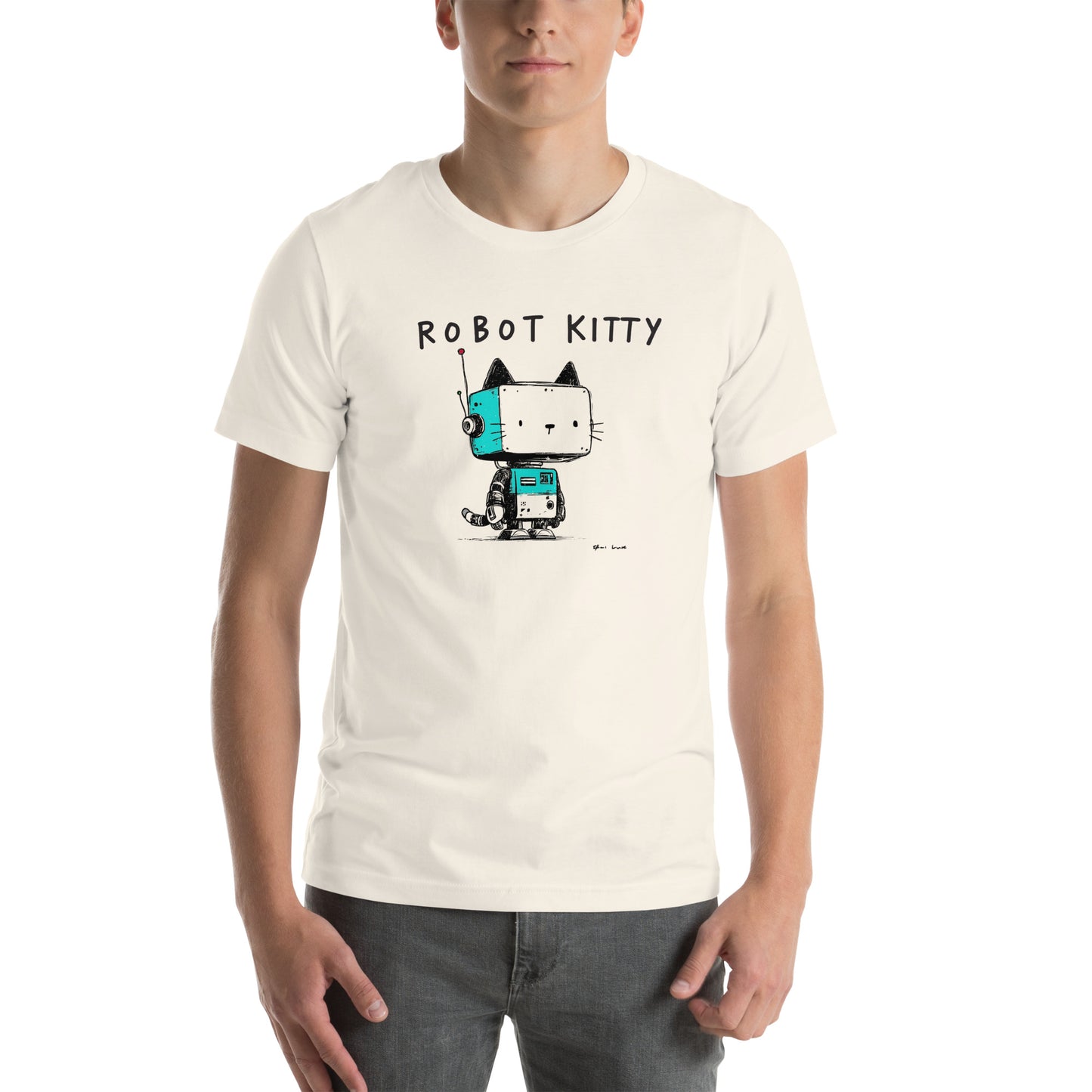 Front view of vintage white t-shirt featuring blocky retro robot kitty design with teal body