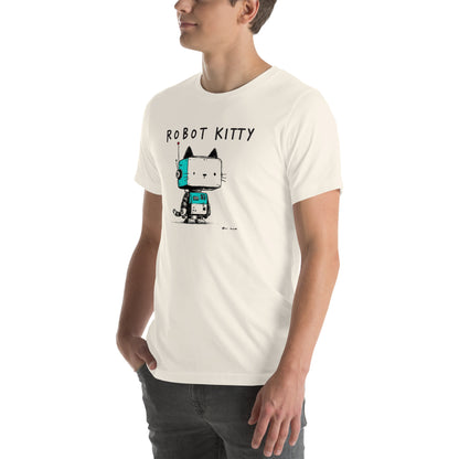 Left front view of vintage white t-shirt showing playful robot cat with antenna and teal accents