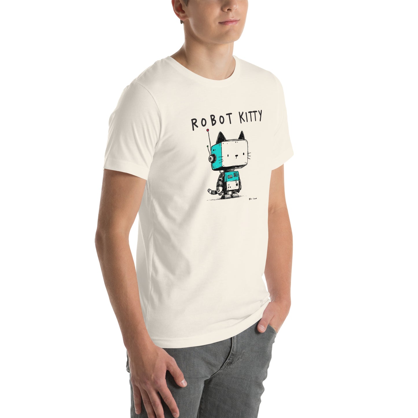 Right front view of vintage white t-shirt with square-headed robot kitty and teal panels