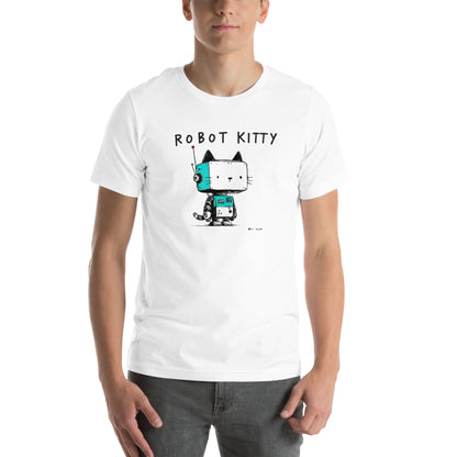 Front view of white t-shirt with illustrated robot cat and bold “ROBOT KITTY” text