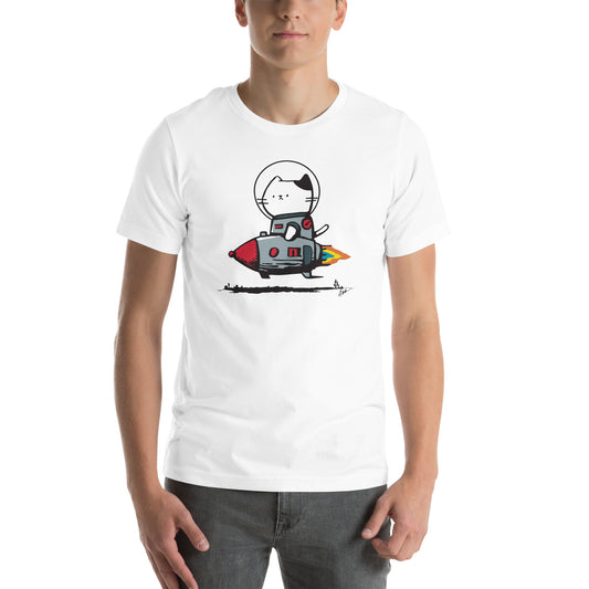 Cartoon cat in a bubble helmet piloting a retro rocketship, centered on white t-shirt – front view