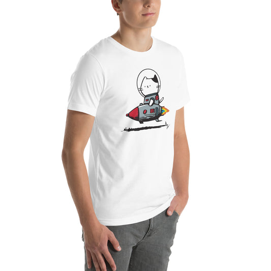 Side angle of white t-shirt with cartoon space cat flying a rocketship – right front view.