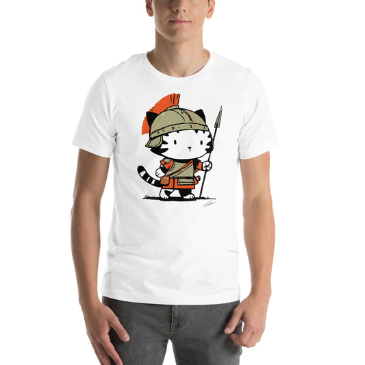 Front view of white t-shirt with Roman soldier cat design including helmet, armor, and spear