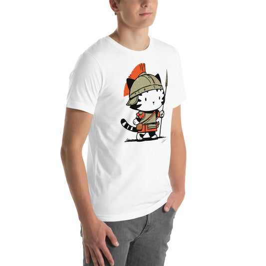 Right front view of white t-shirt with cartoon cat in Roman armor holding spear and wearing helmet with red plume