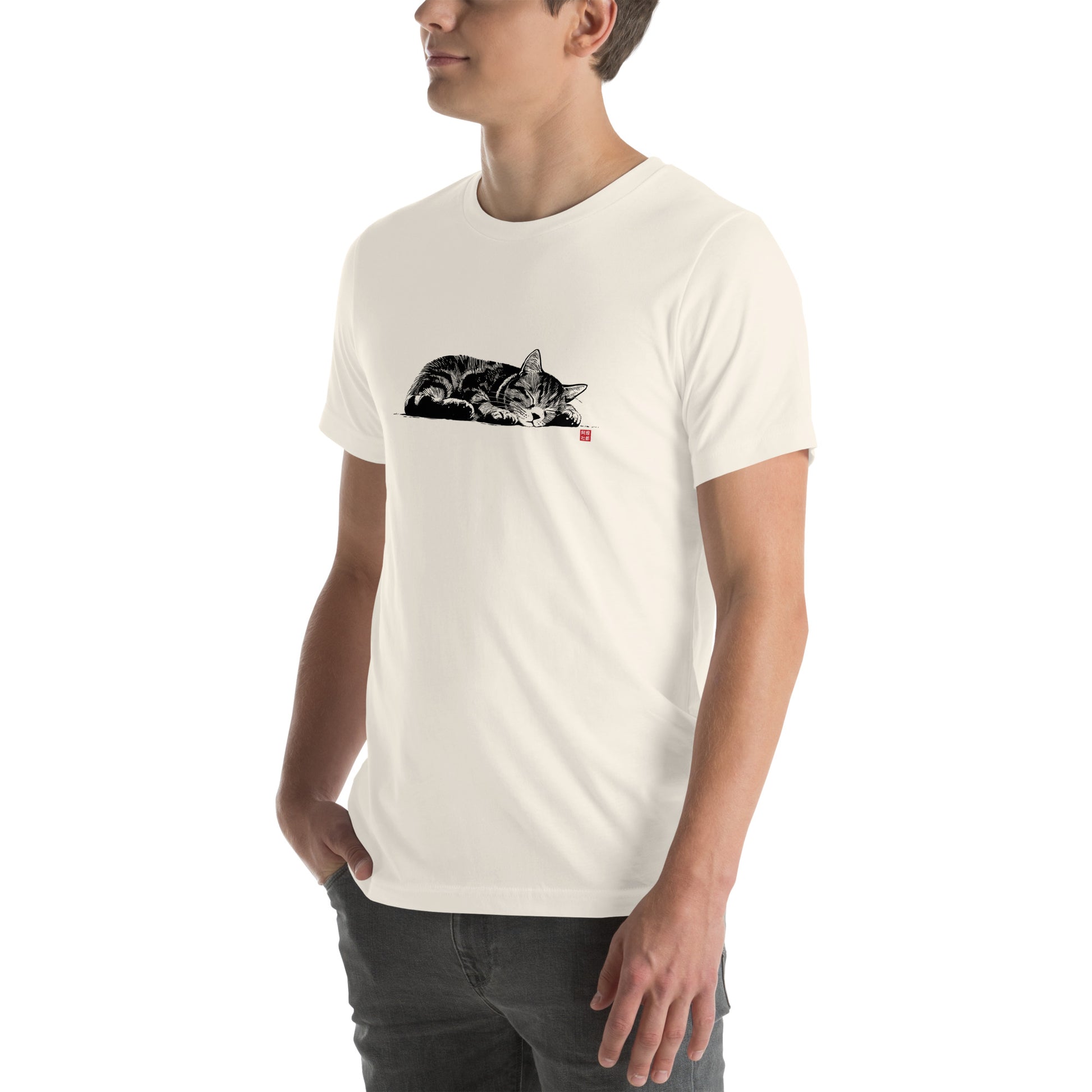 Left front view of vintage white t-shirt with ink-drawn sleeping neko design