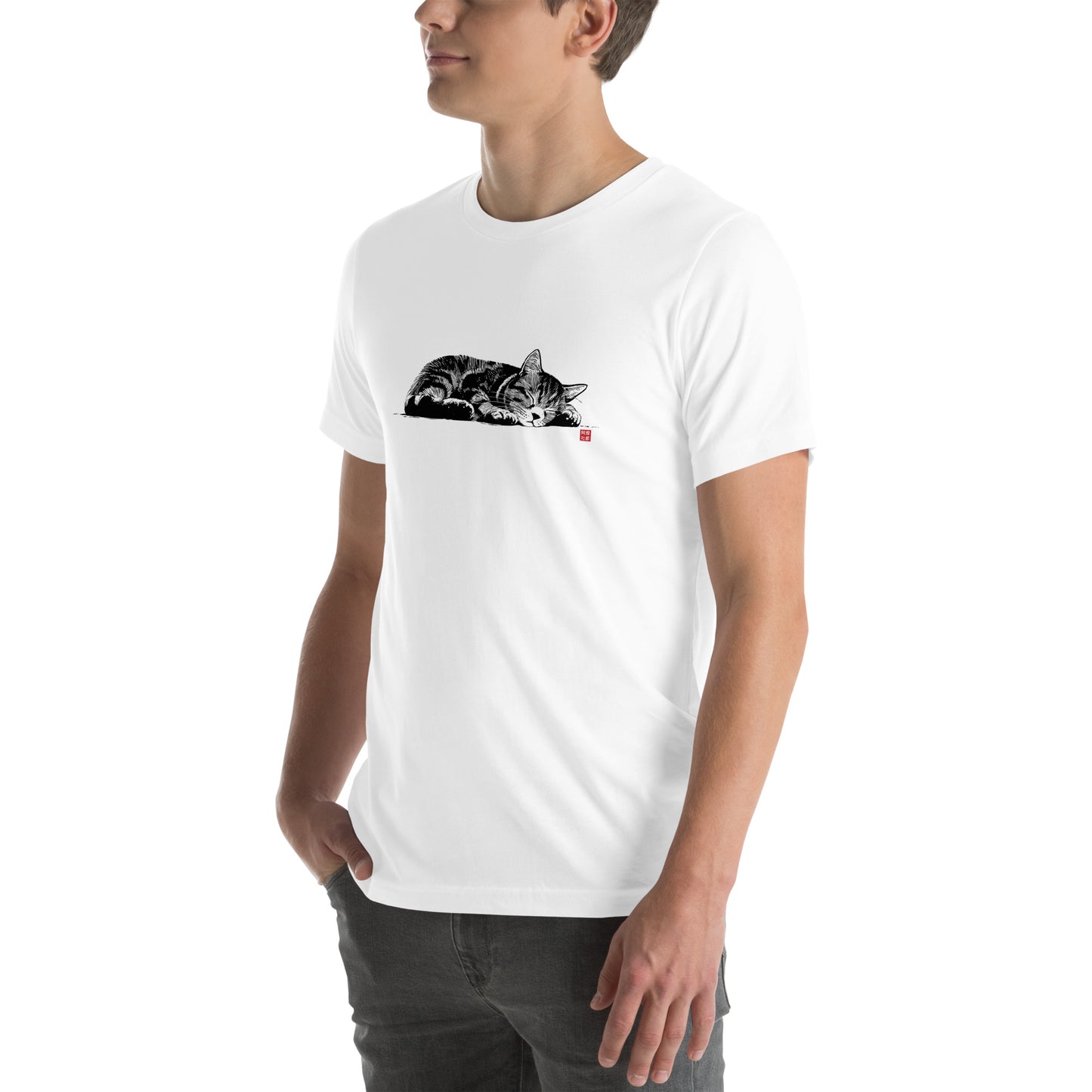 Left front view of white t-shirt with traditional Japanese-style sleeping cat artwork
