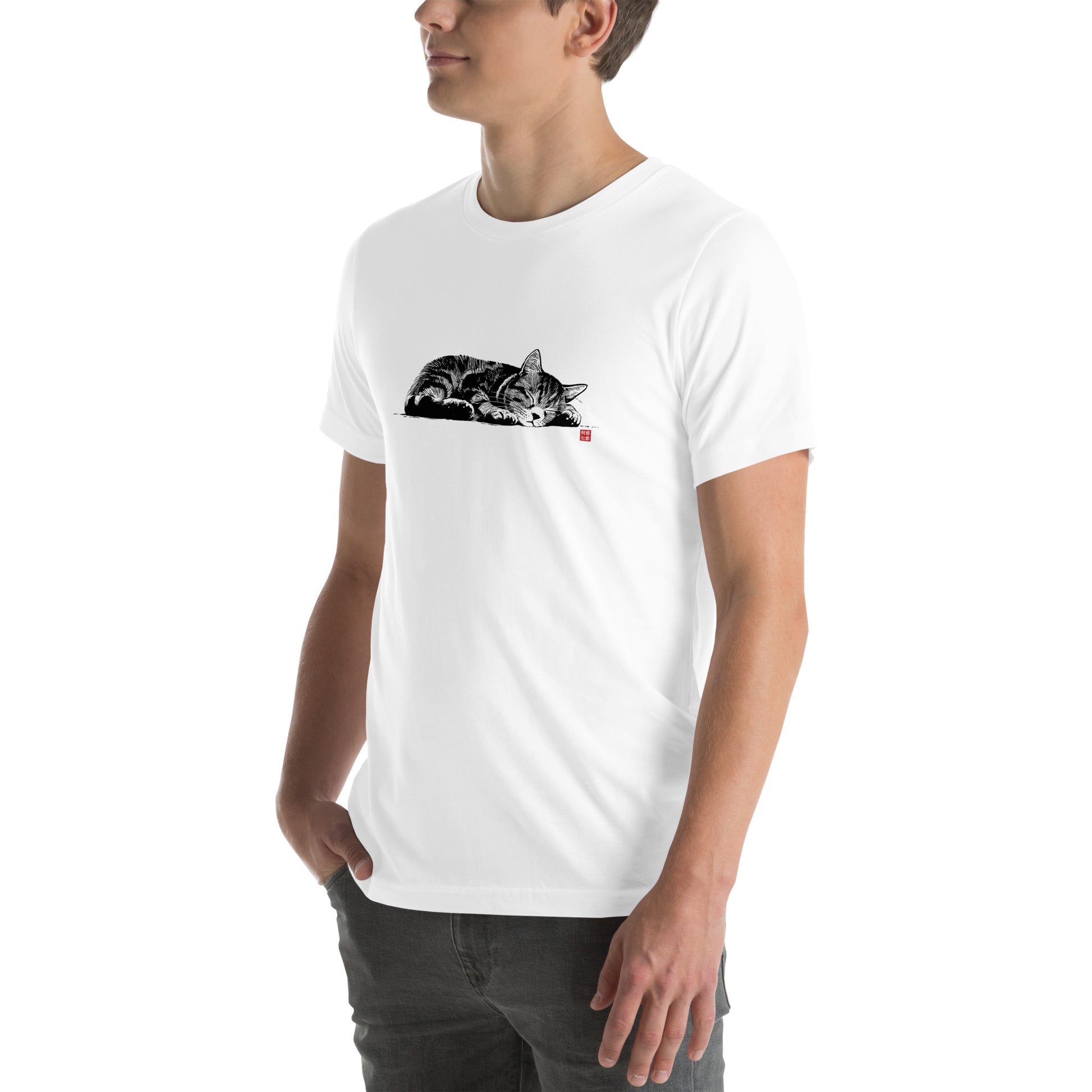 Left front view of white t-shirt with traditional Japanese-style sleeping cat artwork