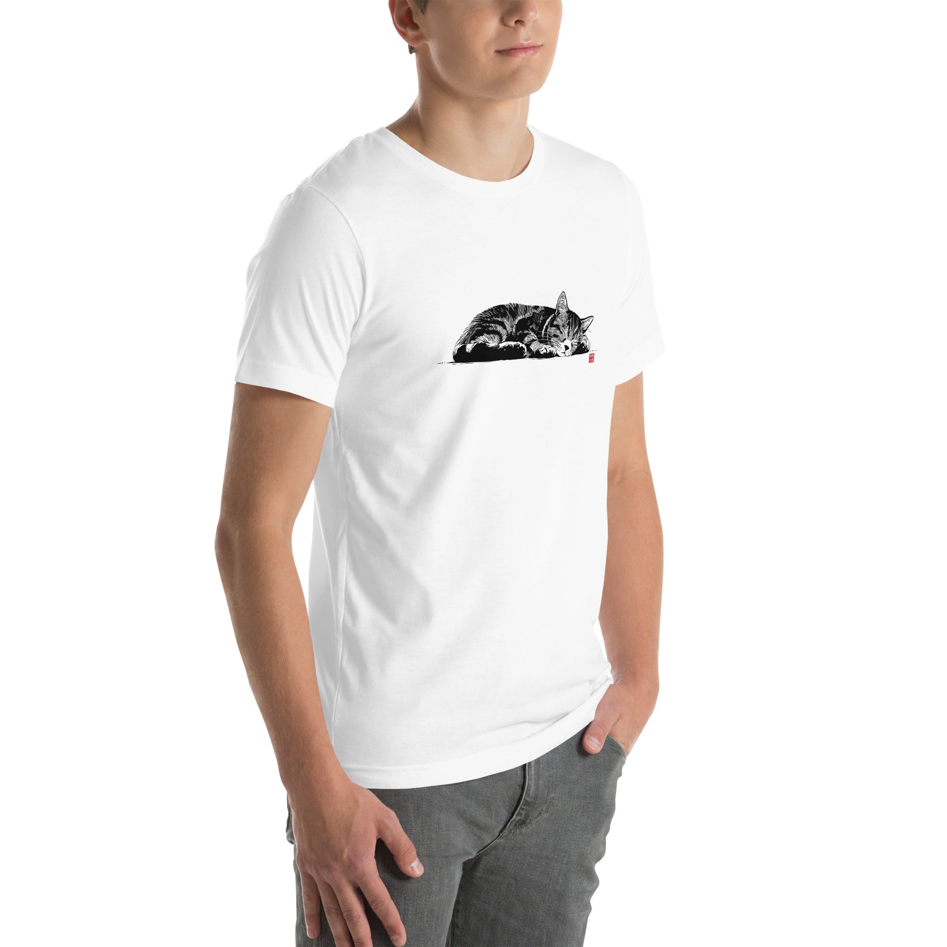 Right front view of white t-shirt featuring Japanese ink illustration of a sleeping cat
