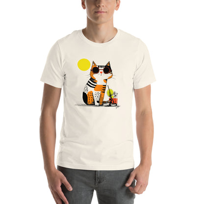 Front view of vintage white t-shirt with laid-back calico cat, red drink, and graphic sun illustration