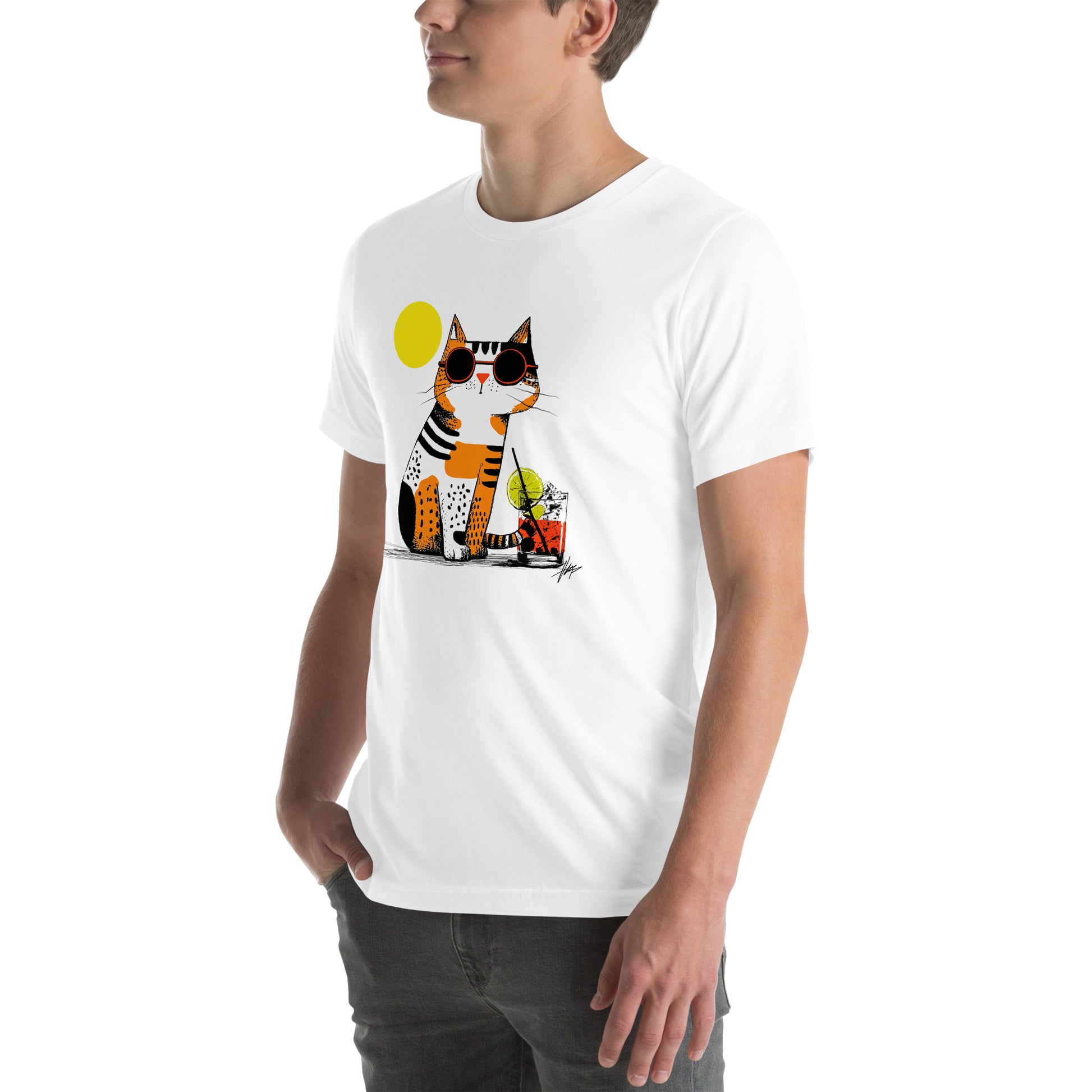 Left front view of white t-shirt showing chill summer cat with drink and bright yellow circle