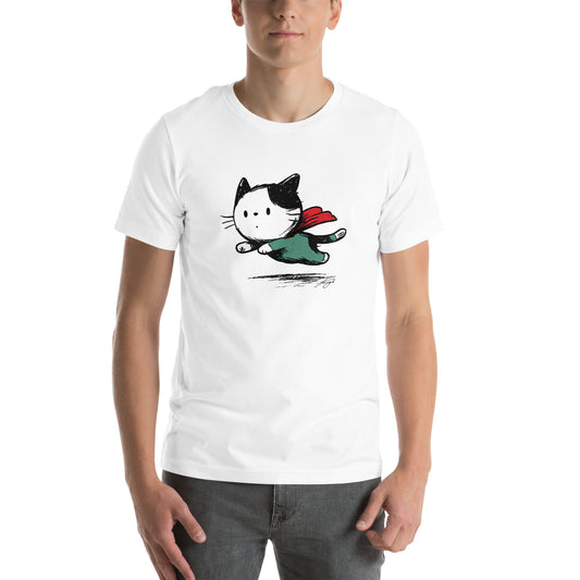 Super Cat flying in cape graphic on front of white t-shirt