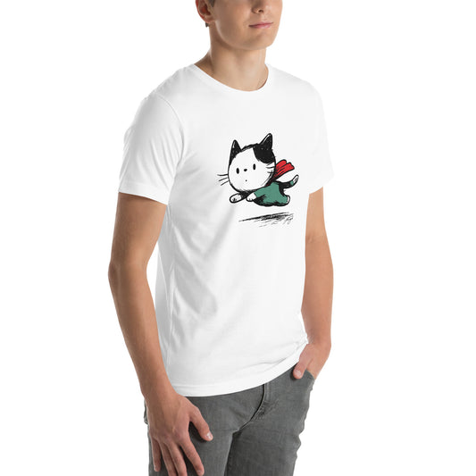 Super Cat flying in cape graphic on right front of white t-shirt