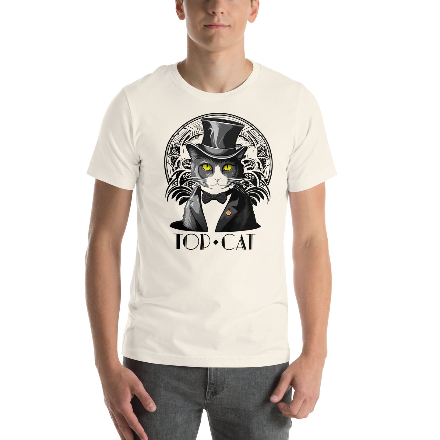 Front view of vintage white t-shirt with standout tuxedo cat illustration