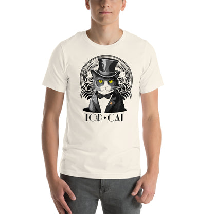 Front view of vintage white t-shirt with standout tuxedo cat illustration