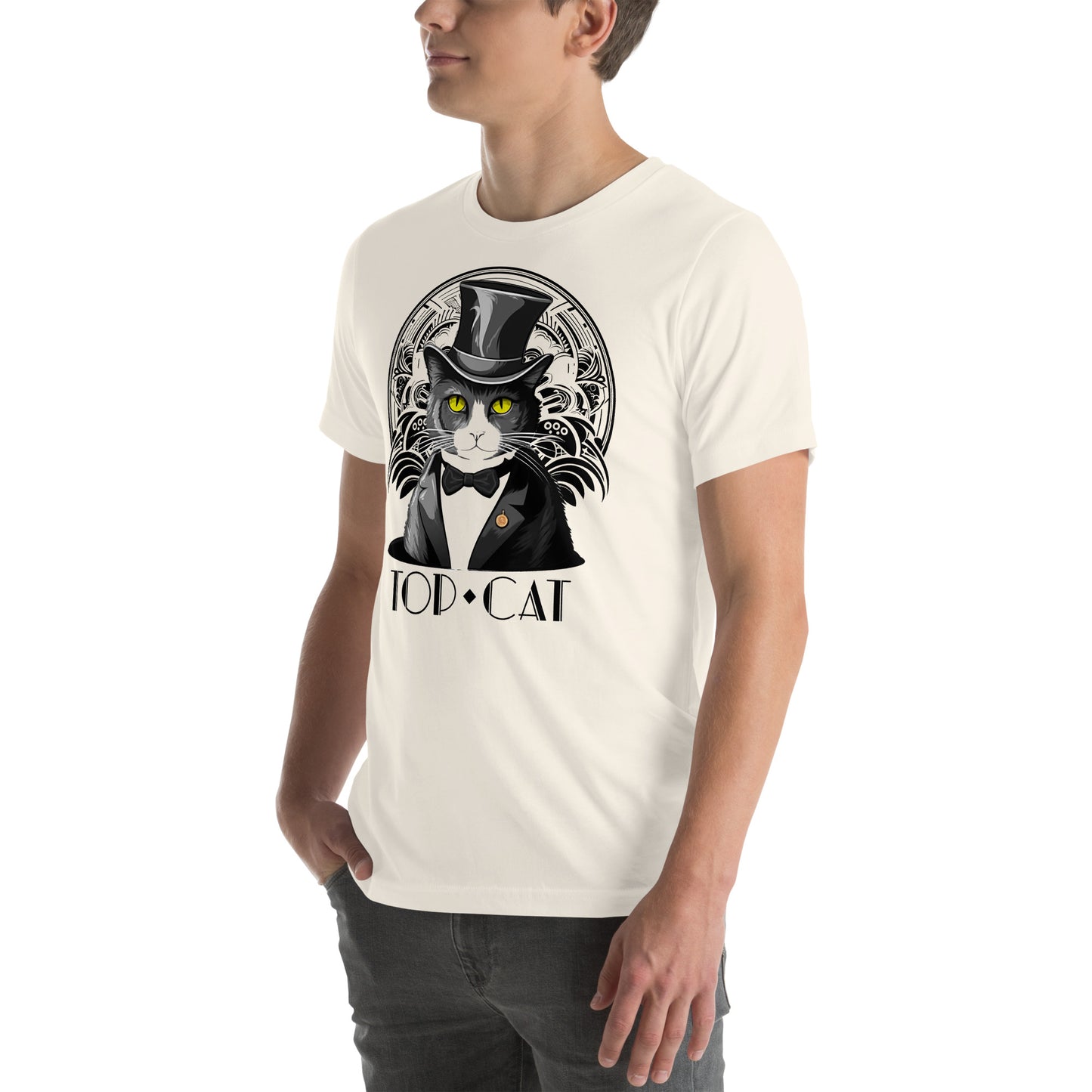 Left front view of vintage white t-shirt featuring art deco cat in top hat