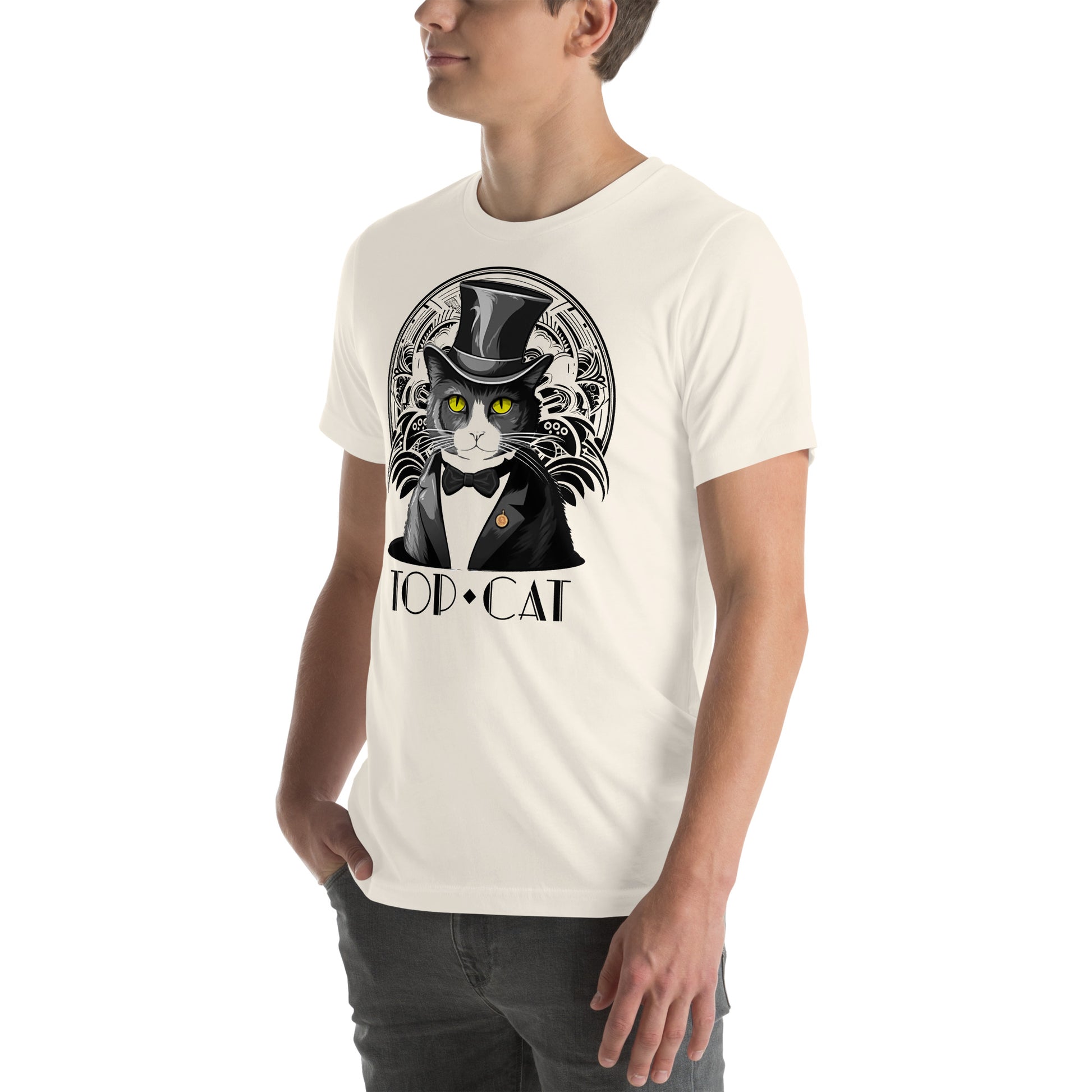 Left front view of vintage white t-shirt featuring art deco cat in top hat
