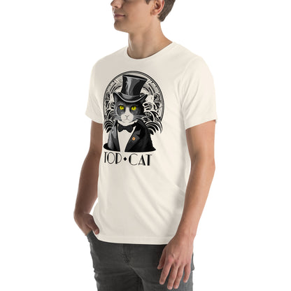 Left front view of vintage white t-shirt featuring art deco cat in top hat