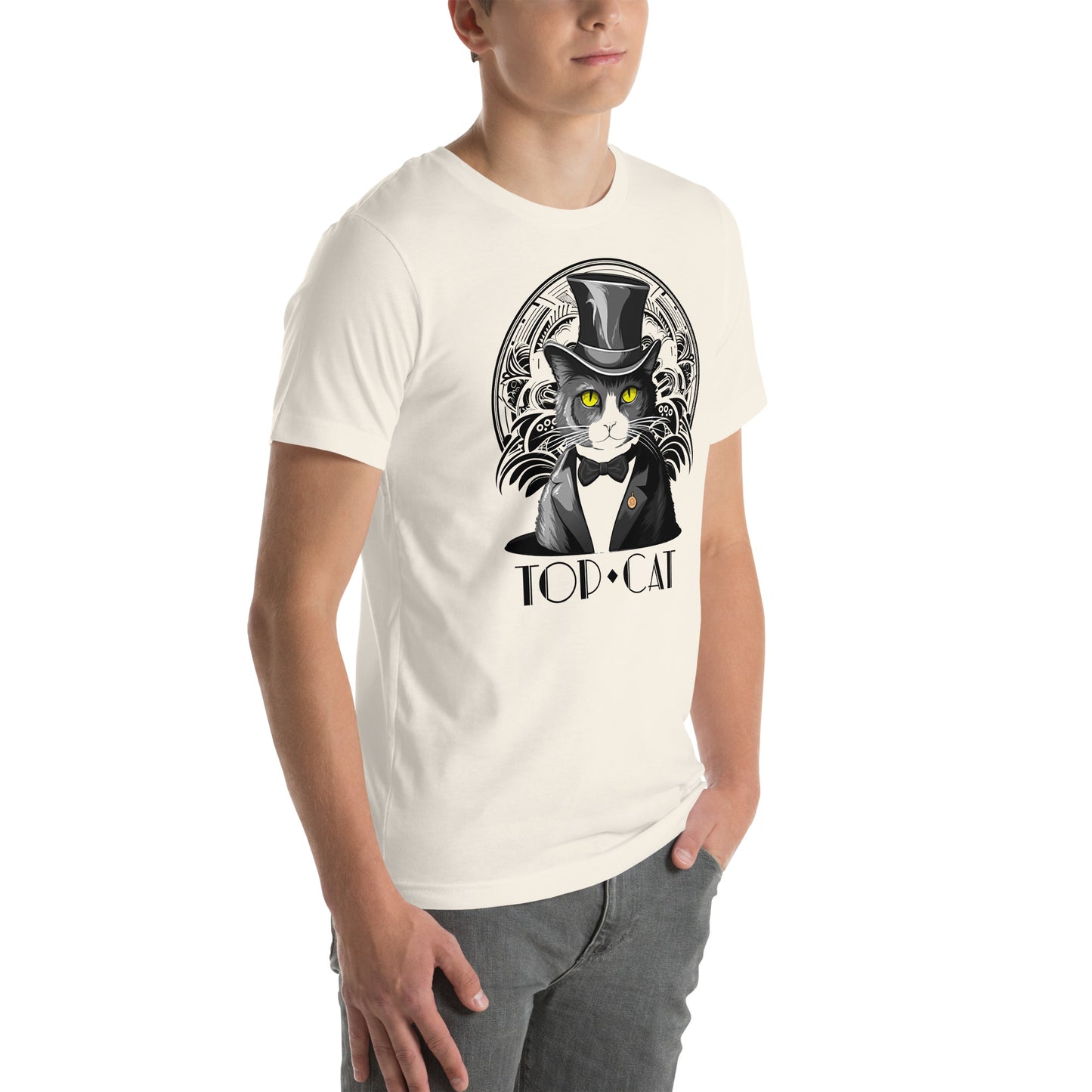 Right front view of vintage white t-shirt with black graphic tuxedo cat design