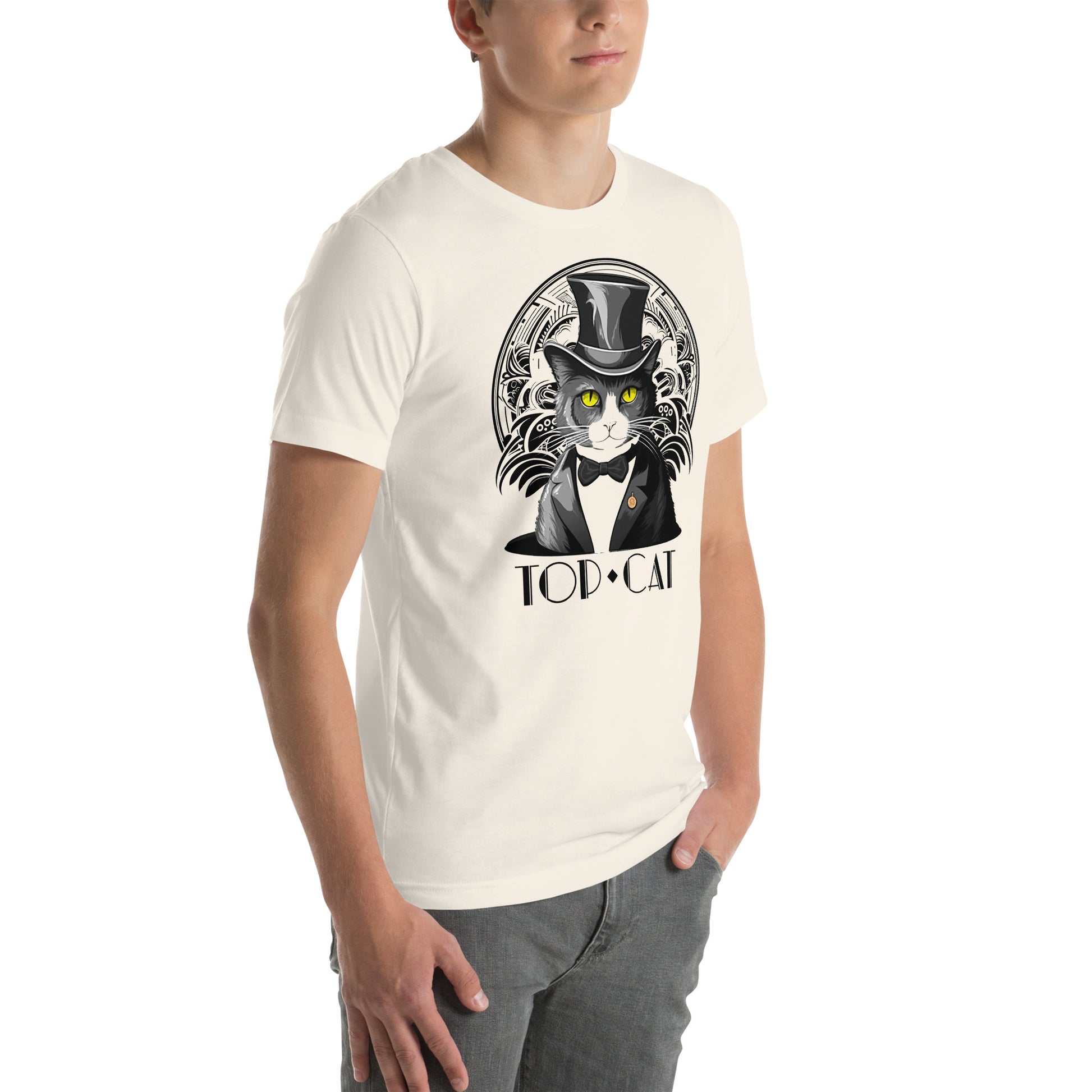 Right front view of vintage white t-shirt with black graphic tuxedo cat design