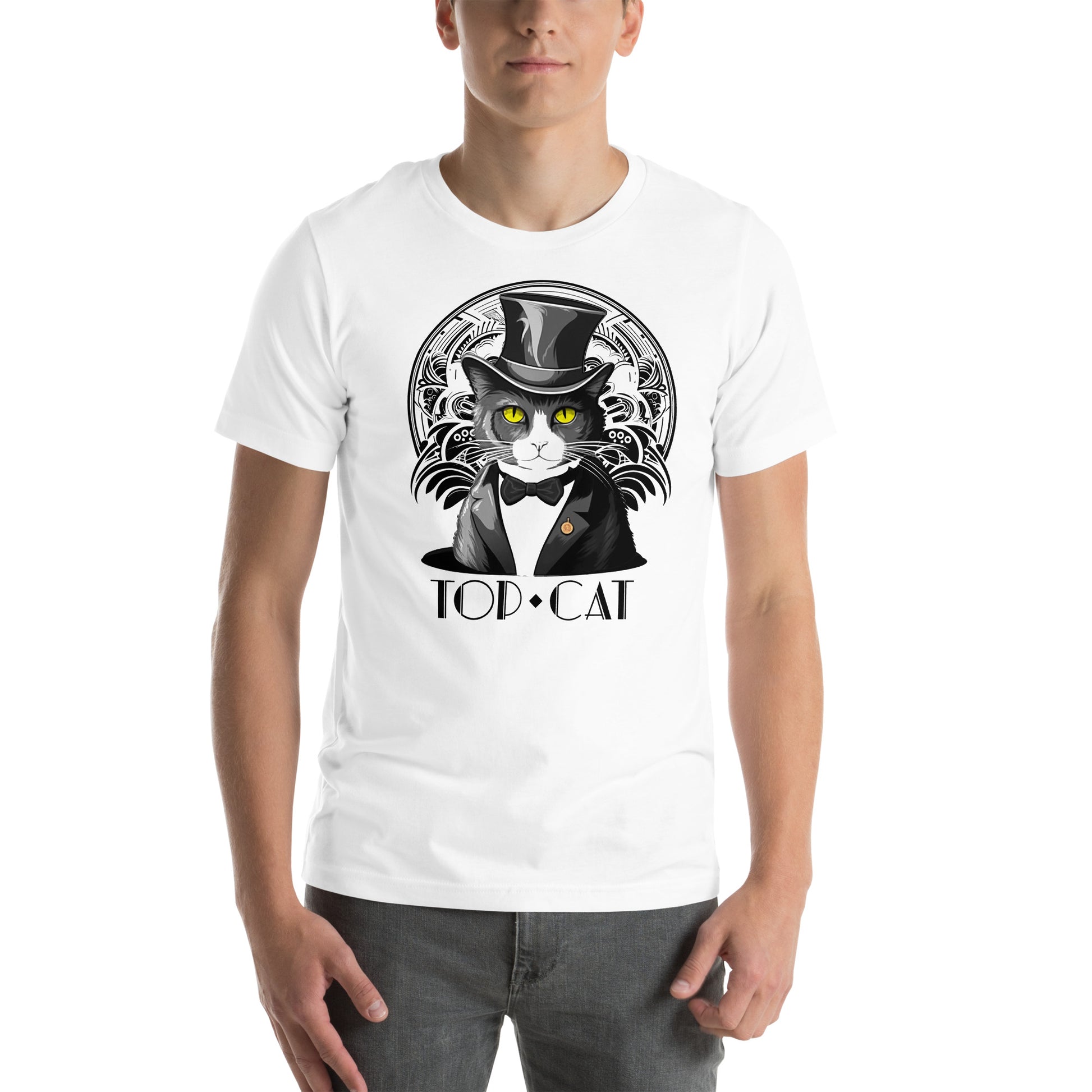 Front view of white t-shirt with black deco design and top hat cat
