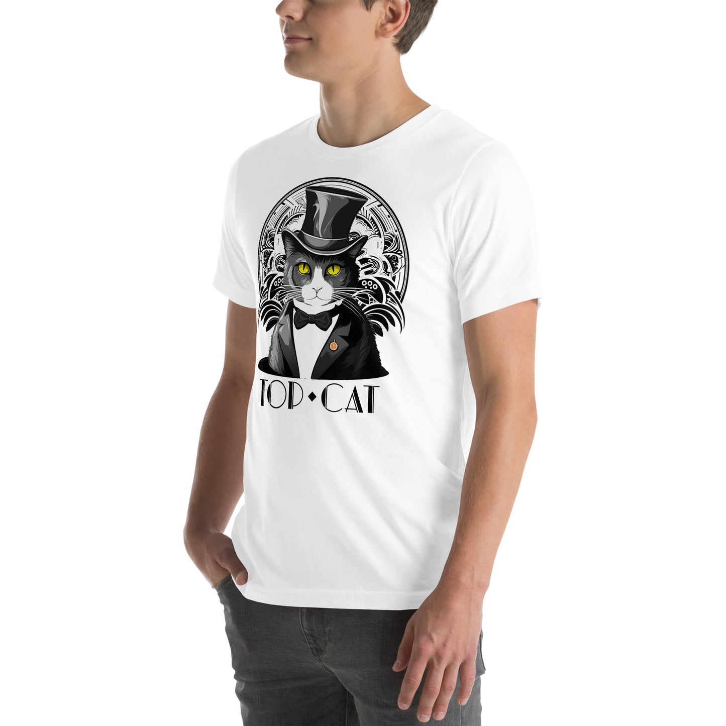 Left front view of white t-shirt featuring formal cat with vintage flair