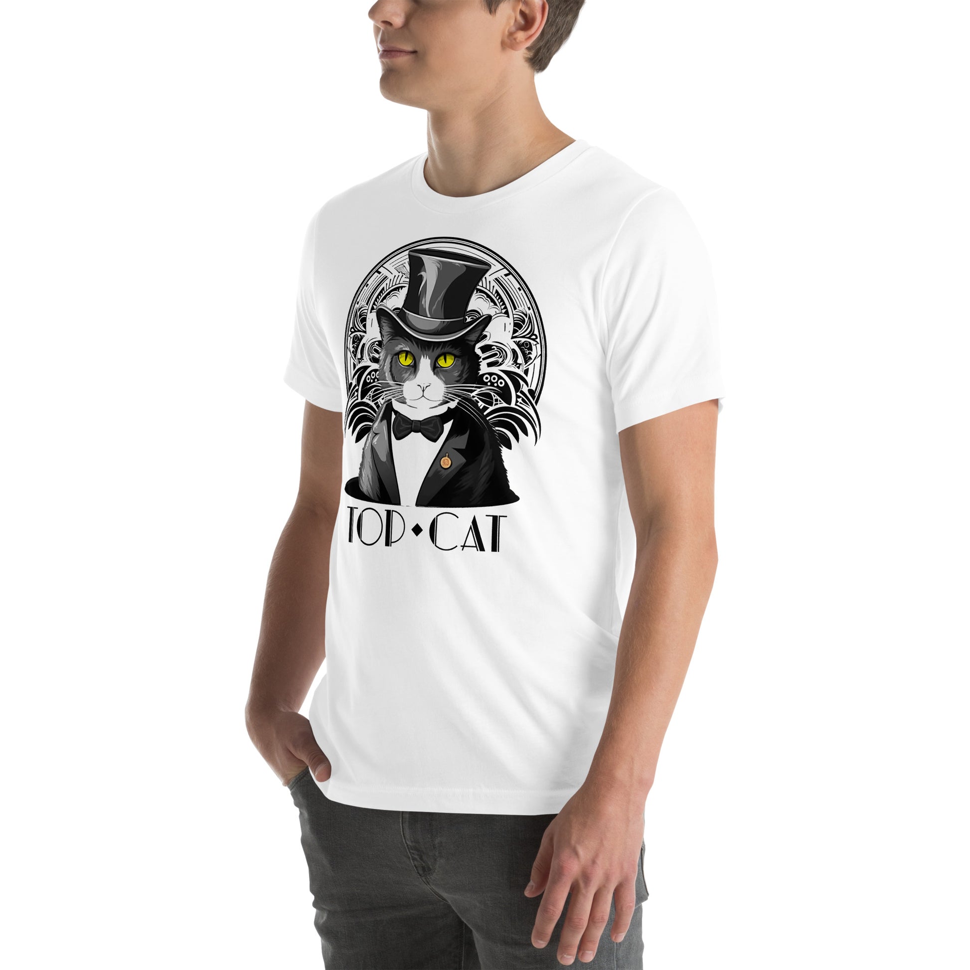Left front view of white t-shirt featuring formal cat with vintage flair
