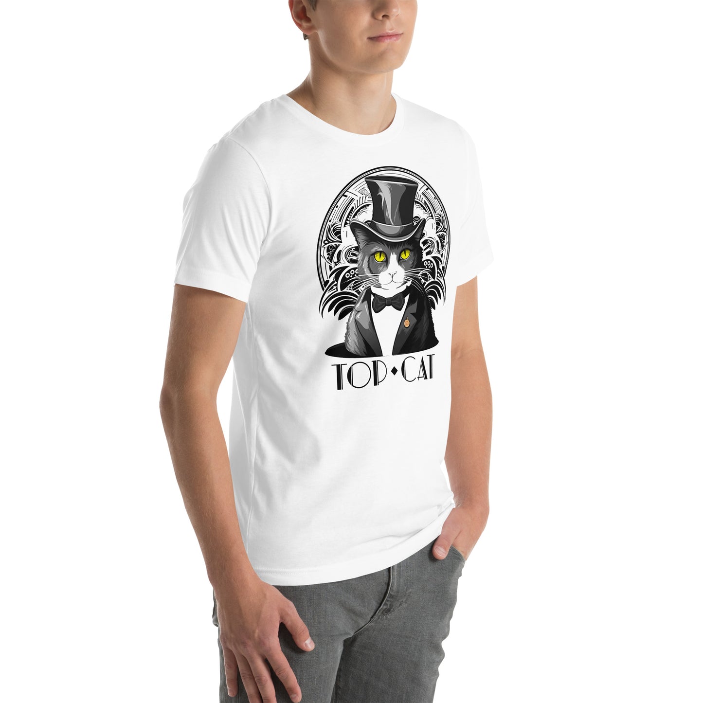 Right front view of white t-shirt with tuxedo cat and black art deco background