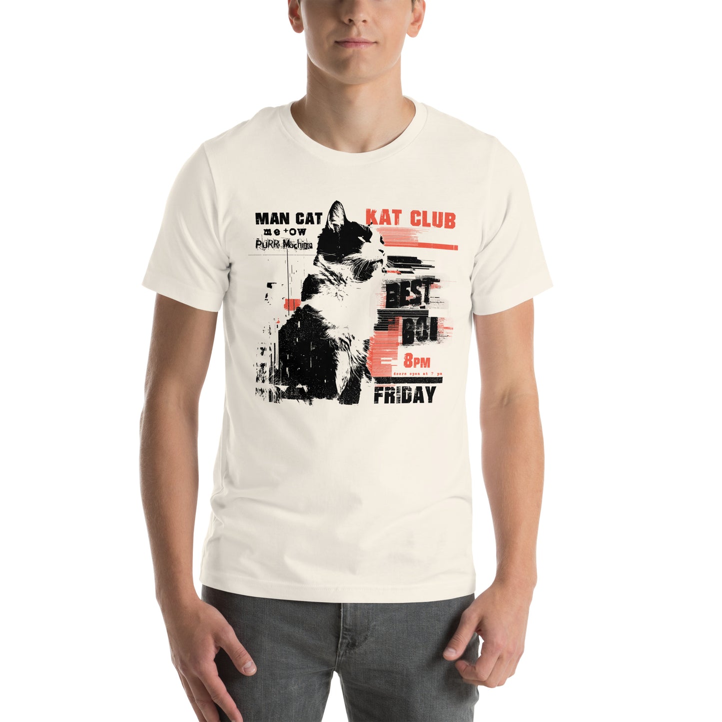 Front view of vintage white t-shirt styled as a club poster with cat and punk typography