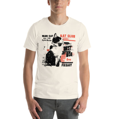 Front view of vintage white t-shirt styled as a club poster with cat and punk typography